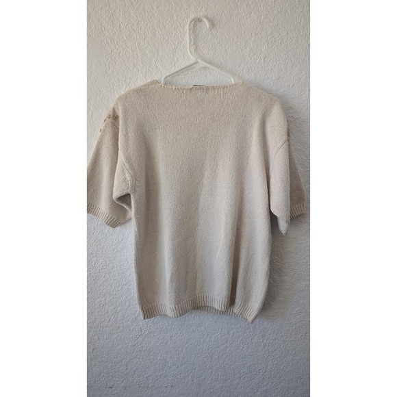 Koret Embellished Knit Top Floral Beaded Short Sleeve Sweater Beige Size L - Picture 2 of 7